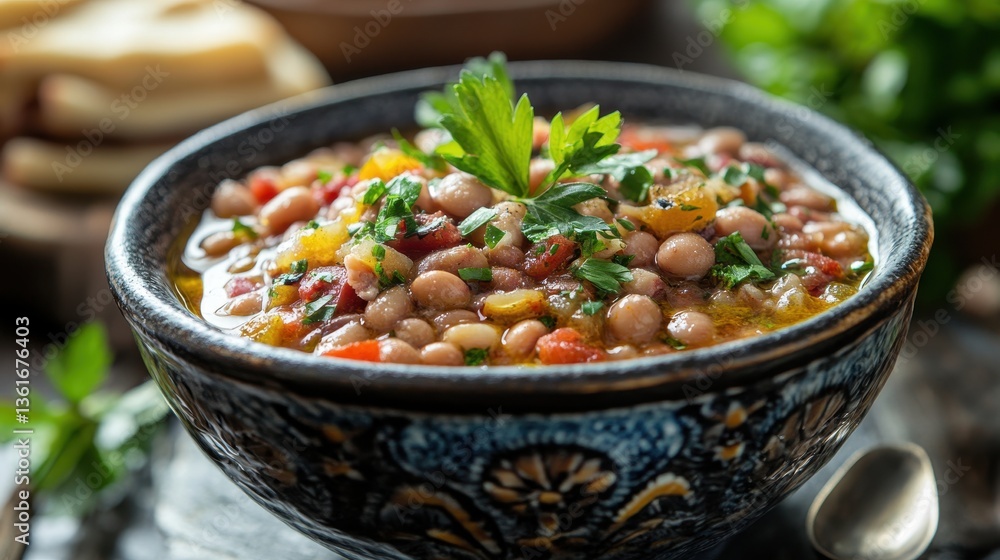A close up shot of a bowl of delicious bean stew A close up shot of a bowl of delicious bean stew