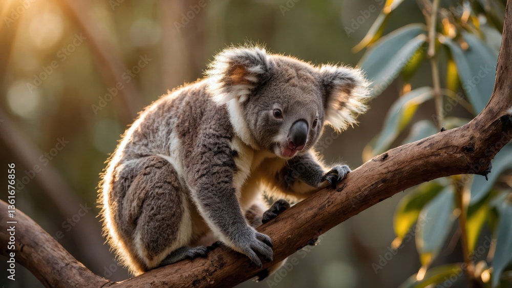 Fototapeta premium A koala perched on a branch amidst lush foliage, basking in warm sunlight.