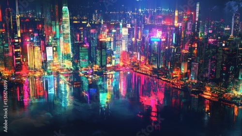 Vibrant metropolis reflects shimmering lights across waterfront cityscape at night