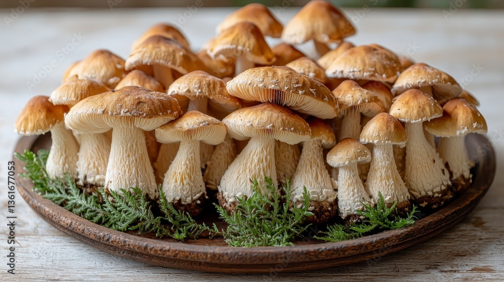 Artfully arranged plate of fresh mushrooms on a rustic table perfect for culinary enthusiasts and tasting events Artfully arranged plate of fresh mushrooms on a rustic table perfect for culinary enthusiasts and tasting events