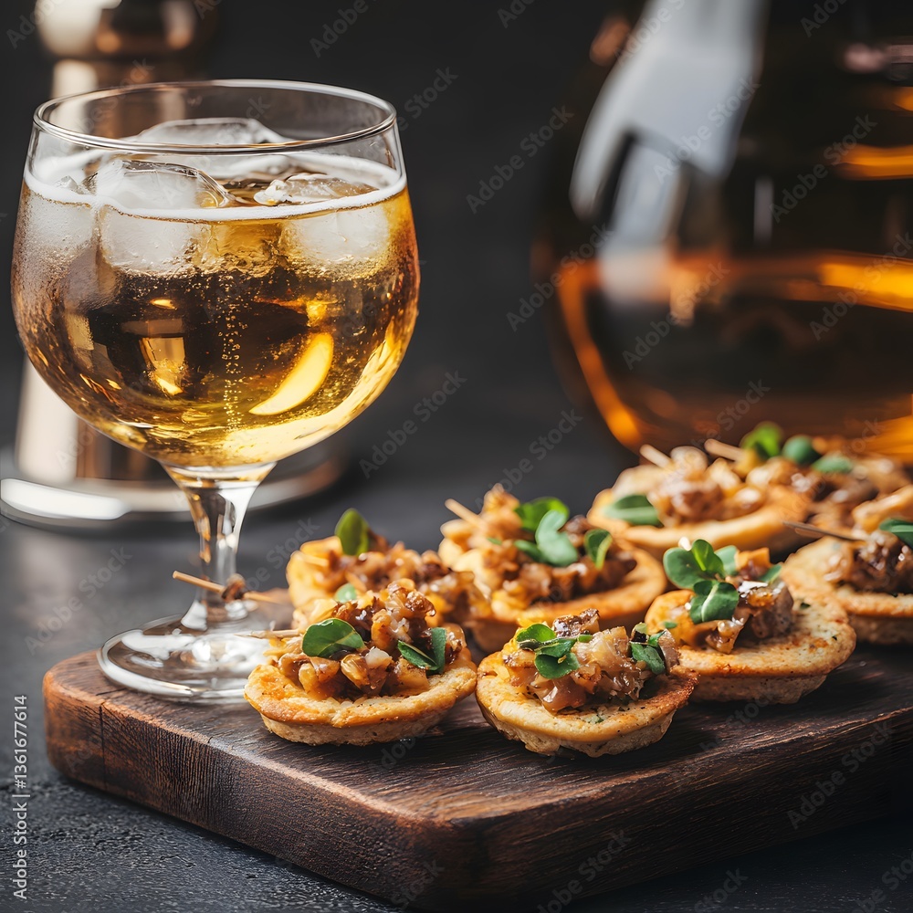 Delicious Appetizers with Beer, Gourmet Mushroom Bites on Crispy Crostini Delicious Appetizers with Beer, Gourmet Mushroom Bites on Crispy Crostini