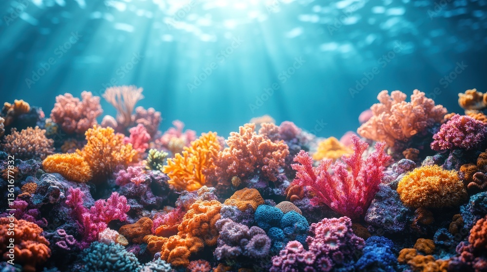 Naklejka premium Vibrant coral reef underwater scene with sunbeams.
