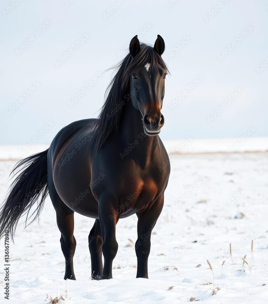 Fototapeta premium A majestic Frisian horse stands in a snowy field, its dark coat contrasting sharply with the white landscape, background, mammal