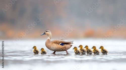 Mother duck leading ducklings