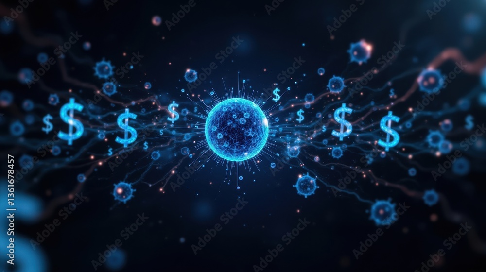 Biotech Investing and trends concept. Digital illustration of currency symbols and network connections in a futuristic design. Biotech Investing and trends concept. Digital illustration of currency symbols and network connections in a futuristic design.
