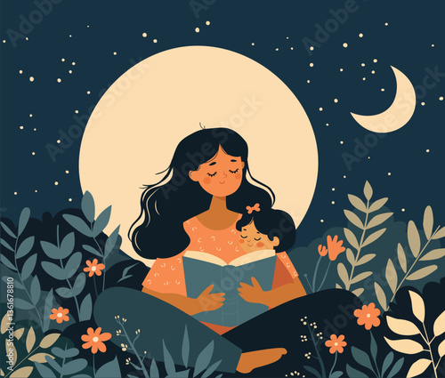 Mother and child reading a book together before bed. Mom and girl kid relax with fairytale book. Flat vector illustration isolated on blue background