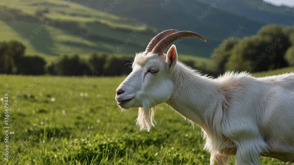 Fototapeta premium A close-up of a white goat in a lush green field with rolling hills in the background.