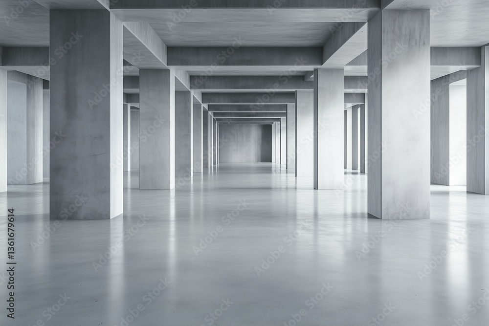 Fototapeta premium Empty concrete hall with multiple pillars and symmetry. architectural background