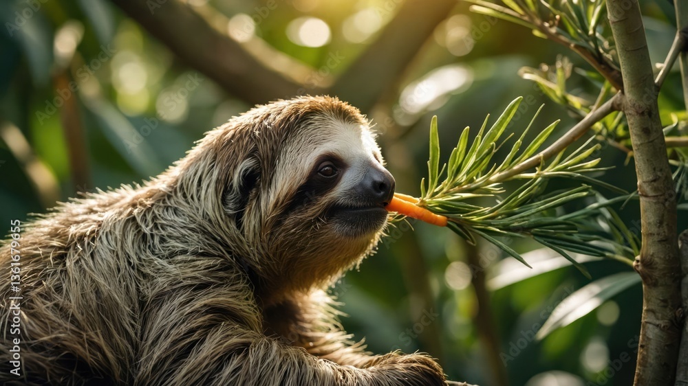 Fototapeta premium A sloth eating a leaf in a lush green environment.