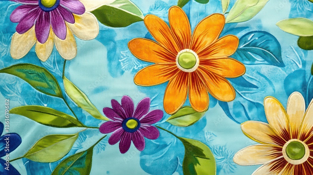 Vibrant floral textile pattern with bright flowers and leaves on a light blue background. Vibrant floral textile pattern with bright flowers and leaves on a light blue background.