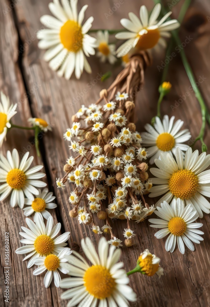 Obraz premium Dried chamomile sprigs on rustic wooden surface, surrounded by fresh chamomile flowers, detail, daisy, dried flowers