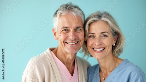 A cheerful elderly couple, smiling warmly and exuding wisdom and happiness. They stand together against a simple blue background, looking at the camera with a positive expression