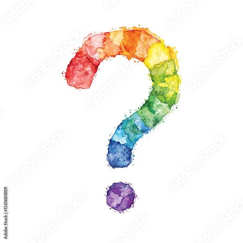 Vibrant rainbow question mark in delicate watercolors swirls elegantly on a pristine white canvas A symbol of curiosity and creativity