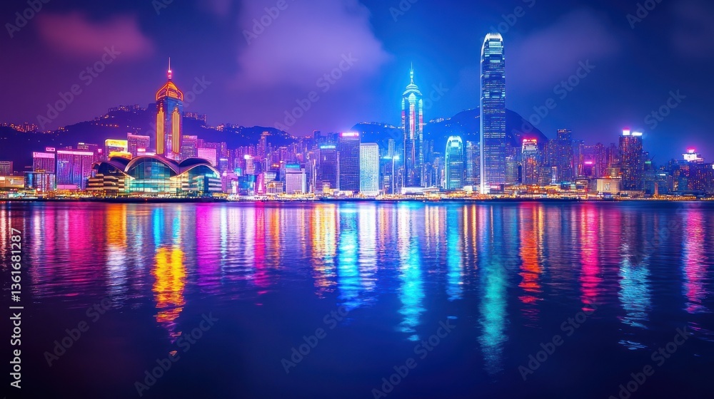 Naklejka premium Vibrant Hong Kong skyline at night, reflected in the calm waters.