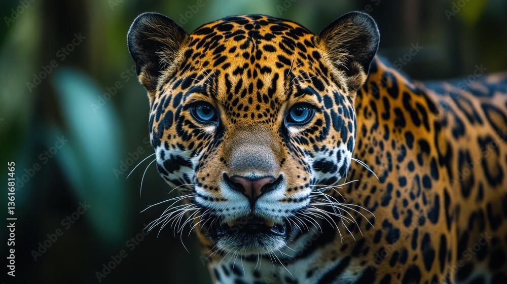 Intense gaze. A stunning jaguar's face, sharp focus highlighting its striking blue eyes and spotted coat. A captivating portrait of wild beauty Intense gaze. A stunning jaguar's face, sharp focus highlighting its striking blue eyes and spotted coat. A captivating portrait of wild beauty