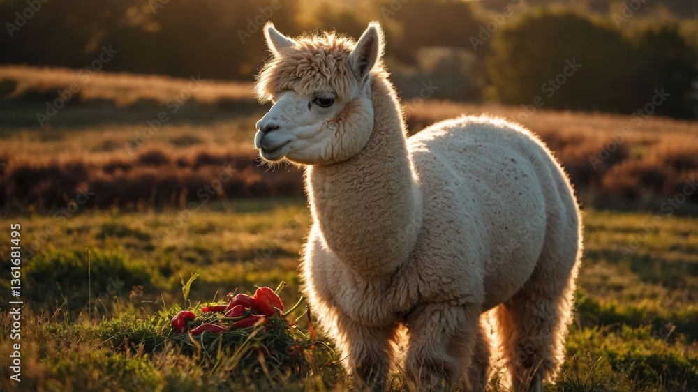 A fluffy alpaca stands in a sunlit field, surrounded by greenery and a bouquet of flowers. A fluffy alpaca stands in a sunlit field, surrounded by greenery and a bouquet of flowers.