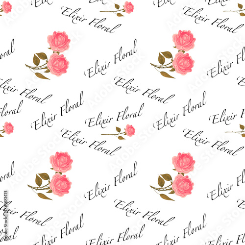 Lettering Floral Elixir and Roses. Seamless Pattern. On white background