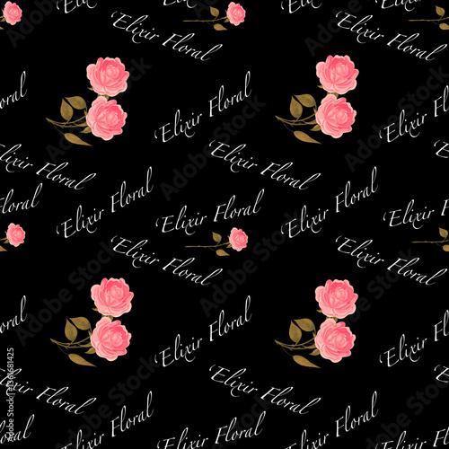 Lettering Floral Elixir and Roses. Seamless Pattern. On black background