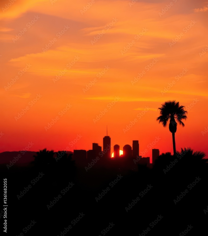 Iconic LA skyline, palm trees silhouette at sunset, palm trees, silhouette Iconic LA skyline, palm trees silhouette at sunset, palm trees, silhouette