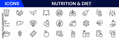Nutrition and Diet, Healthy Food, and Detox Diet Vector Icons. Contains such Icons as Metabolism, Caunt Calories, Palm oil free, Zero trans fat, Probiotics, and more. Simple Outline icons collection.