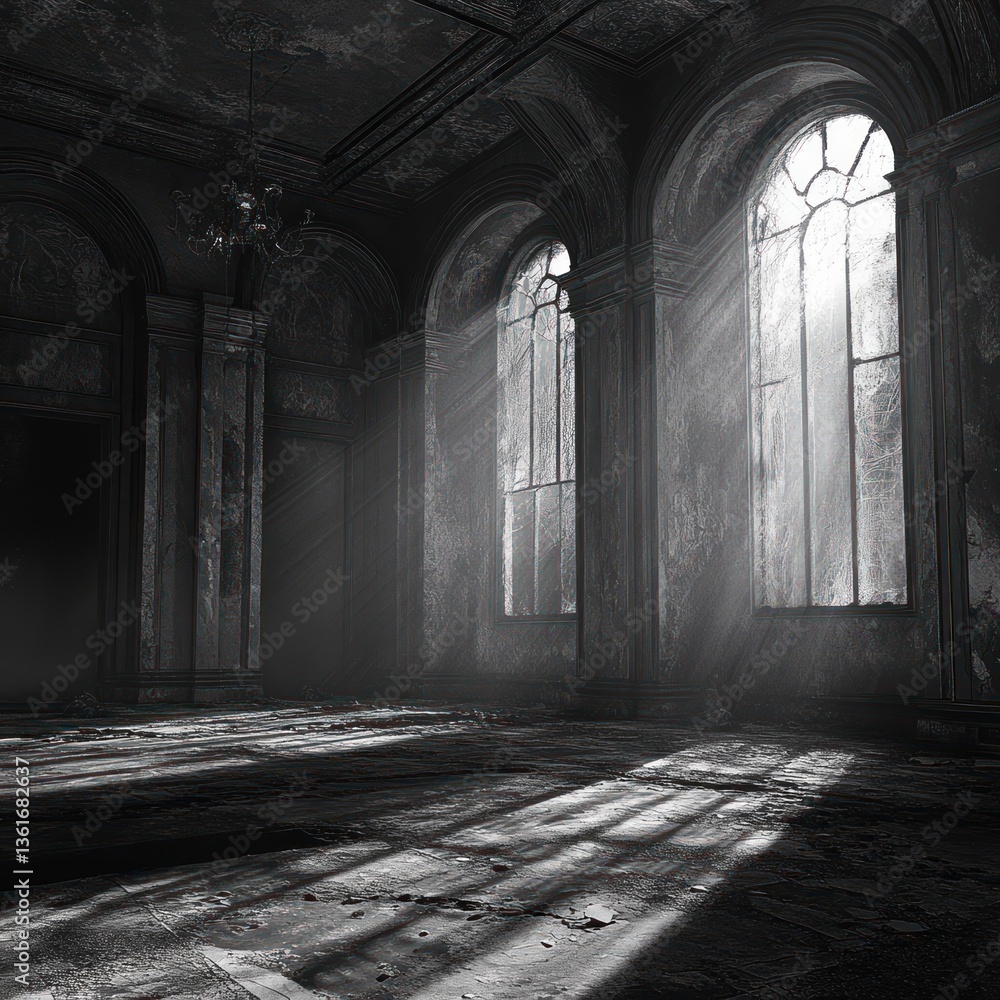 Obraz premium Grand decaying room with sunlight streaming through arched windows