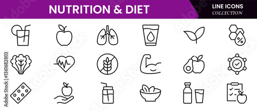 Nutrition and Diet, Healthy Food, and Detox Diet Vector Icons. Contains such Icons as Metabolism, Caunt Calories, Palm oil free, Zero trans fat, Probiotics, and more. Simple Outline icons collection.