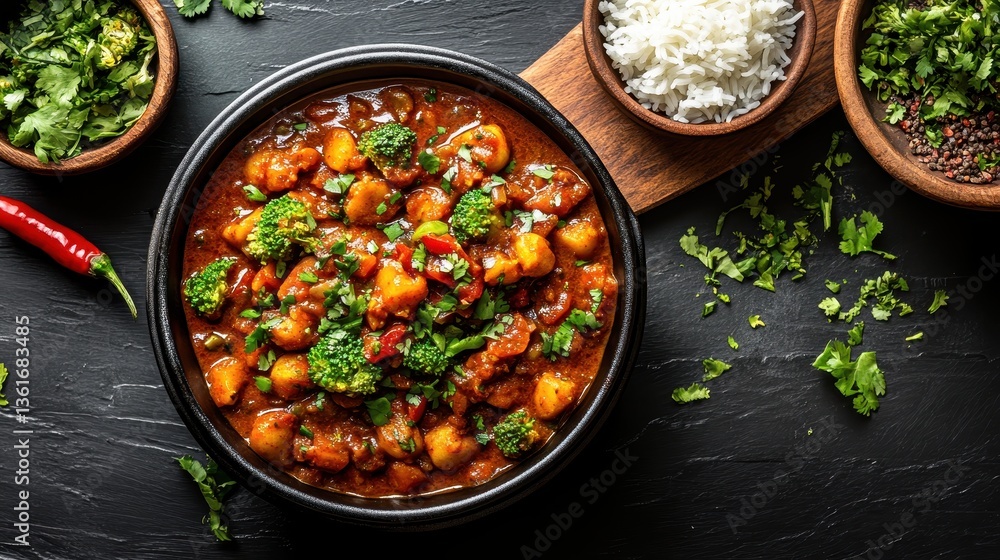 Bowl of tasty curry with rice and green herbs on a dark background. Showcase the ingredients for healthy eating in a food blog or menu. Bowl of tasty curry with rice and green herbs on a dark background. Showcase the ingredients for healthy eating in a food blog or menu.