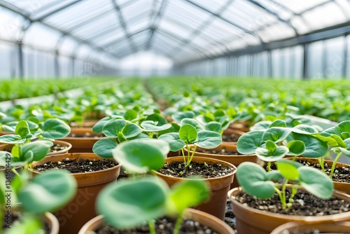 Vibrant Green Seedlings in Greenhouse Rows