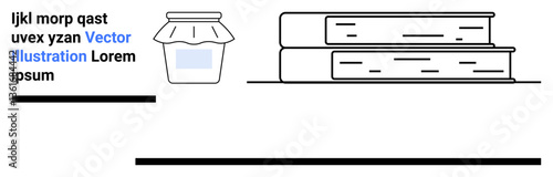 Jam jar next to two stacked books and placeholder text in clean, minimal black-and-white style. Ideal for recipes, education, publishing, literature, learning, food, simple landing page