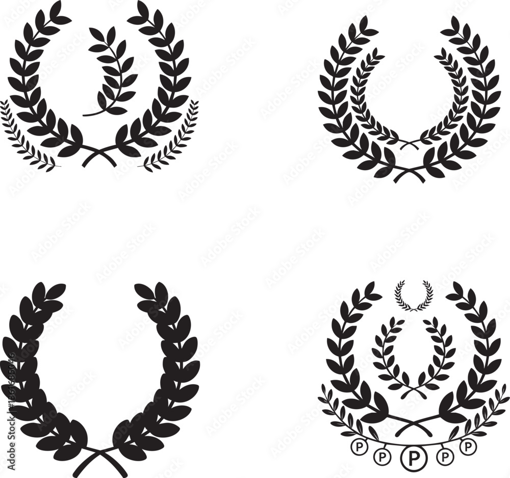 A golden laurel wreath set featuring elegant leaves, designed as award symbols and decorations, ideal for representing victory, achievement, or recognition in illustrations or medals A golden laurel wreath set featuring elegant leaves, designed as award symbols and decorations, ideal for representing victory, achievement, or recognition in illustrations or medals