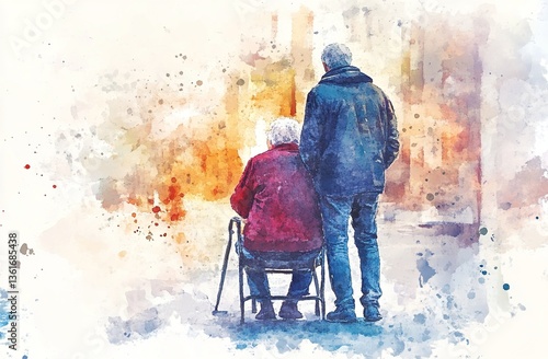 Young man comforting sad senior person on the street. Alzheimer or dementia watercolor concept illustration