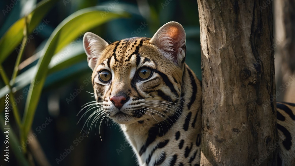 Obraz premium A close-up of an ocelot peering from behind a tree, showcasing its striking fur pattern.
