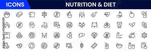 Nutrition and Diet, Healthy Food, and Detox Diet Vector Icons. Contains such Icons as Metabolism, Caunt Calories, Palm oil free, Zero trans fat, Probiotics, and more. Simple Outline icons collection.