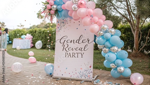 gender reveal party celebration with colorful decorations in outdoor setting