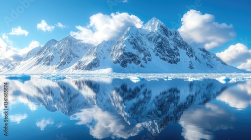 Wallpaper Mural Majestic mountains reflecting in serene glacial waters under a bright blue sky with fluffy clouds, showcasing nature's tranquility and beauty Torontodigital.ca