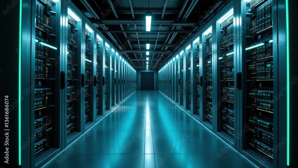 Empty underground corridor reflects the cool light of a data center network server room Empty underground corridor reflects the cool light of a data center network server room