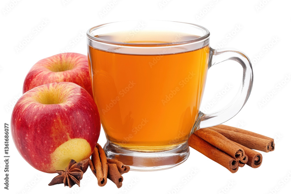 Warm Apple Cider In A Glass Mug, Perfect For A Cozy Autumn Day, Accompanied By Ripe Red Apples And Aromatic Cinnamon Sticks Isolated on Transparent Background Warm Apple Cider In A Glass Mug, Perfect For A Cozy Autumn Day, Accompanied By Ripe Red Apples And Aromatic Cinnamon Sticks Isolated on Transparent Background