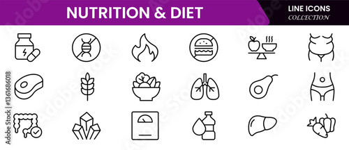 Nutrition and Diet, Healthy Food, and Detox Diet Vector Icons. Contains such Icons as Metabolism, Caunt Calories, Palm oil free, Zero trans fat, Probiotics, and more. Simple Outline icons collection.
