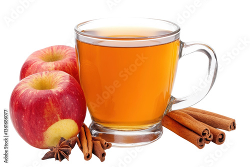 Warm Apple Cider In A Glass Mug, Perfect For A Cozy Autumn Day, Accompanied By Ripe Red Apples And Aromatic Cinnamon Sticks Isolated on Transparent Background