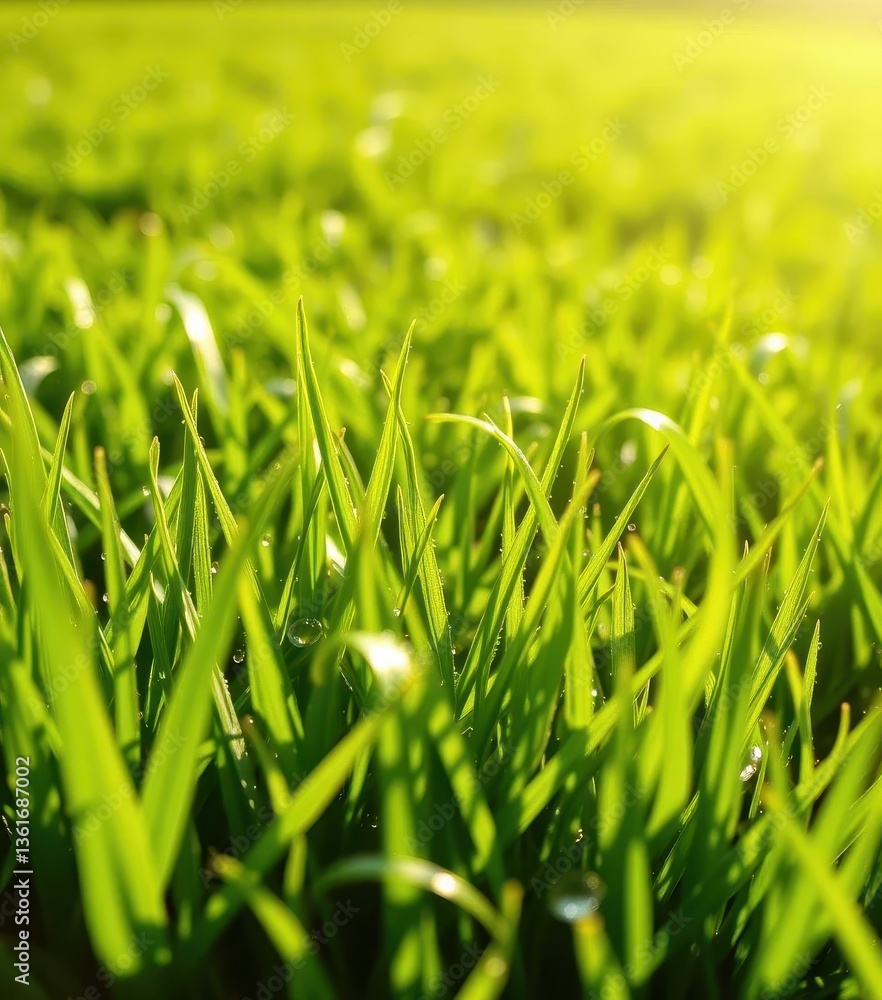 Fototapeta premium Vibrant emerald lawn, dew-kissed blades glistening in sunlight, lush, photo