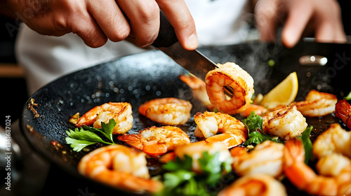 Chef cooking shrimp in pan, kitchen background, food preparation