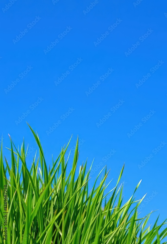 Fototapeta premium Vibrant green grass texture, blank copyspace against a clear blue sky, bright, sustainability, botanical