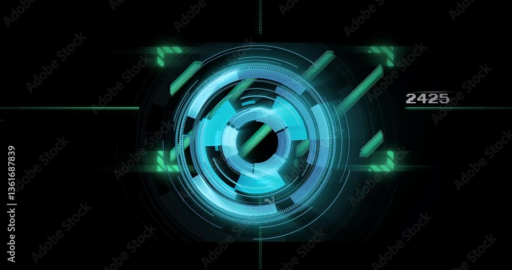 Rotating blue and green elements in futuristic animation displaying 2425 interface Rotating blue and green elements in futuristic animation displaying 2425 interface