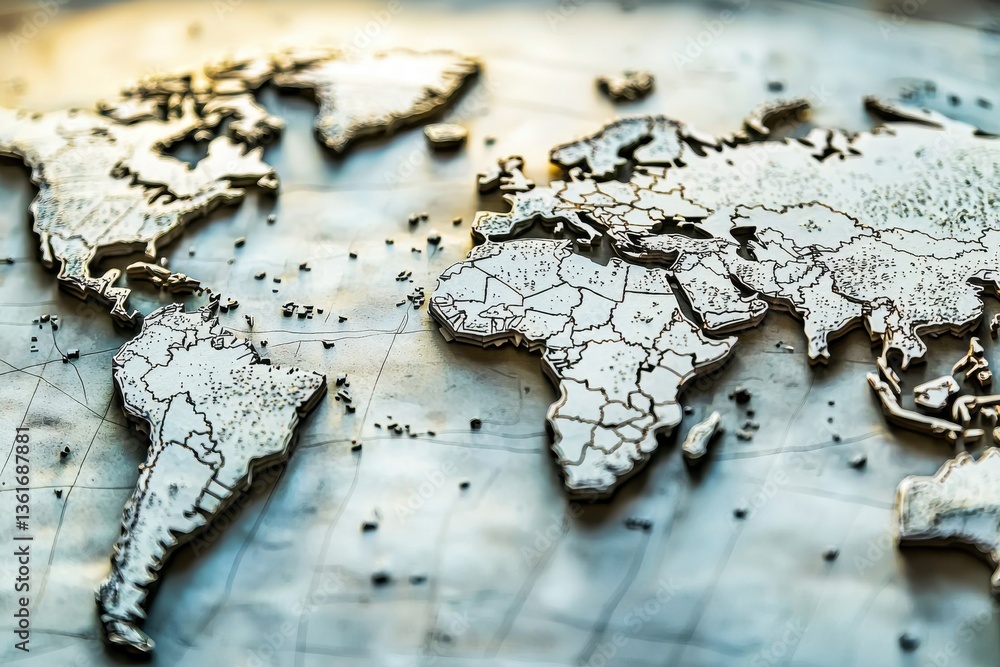 Fototapeta premium A detailed, textured silver world map featuring continents and countries with a vintage aesthetic, highlighting global geography with a metallic finish and muted tones.