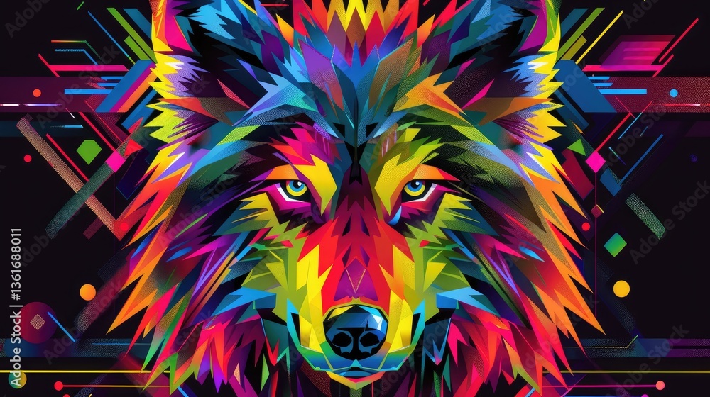 Fototapeta premium Colorful geometric wolf head vector, vibrant vector design, black background, colorful vector art style,