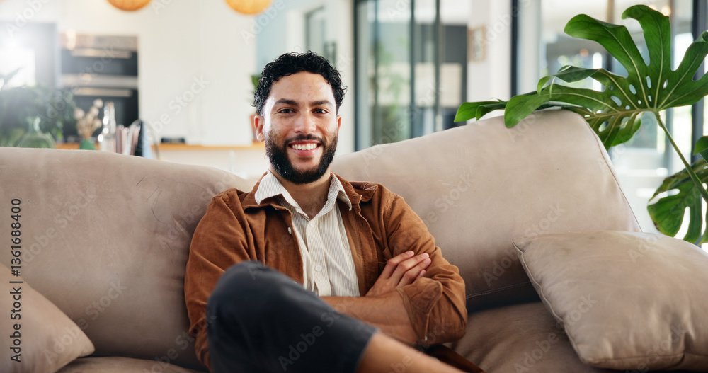 Happy, relax and portrait of man on sofa for calm, peace and smile in living room for weekend. Home, confident and male person from Canada on couch in lounge for vacation or holiday in house. Happy, relax and portrait of man on sofa for calm, peace and smile in living room for weekend. Home, confident and male person from Canada on couch in lounge for vacation or holiday in house.