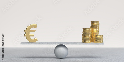 3D rendered Silver color Euro and gold coins standing on a balanced surface. Financial balance concept. Large copy space with light background.