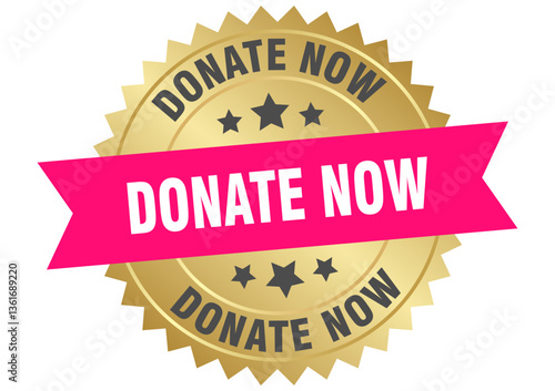 donate now. donate now round pink and gold label isolated on transparent background