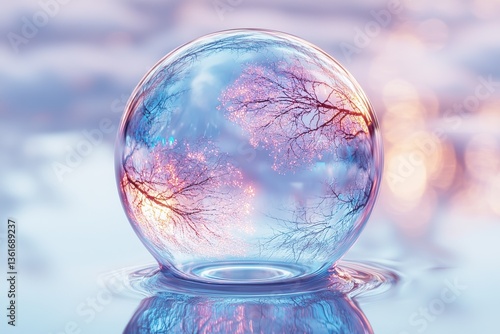 Wallpaper Mural Reflective bubble captures vibrant landscape with soft colors in tranquil water setting during golden hour Torontodigital.ca