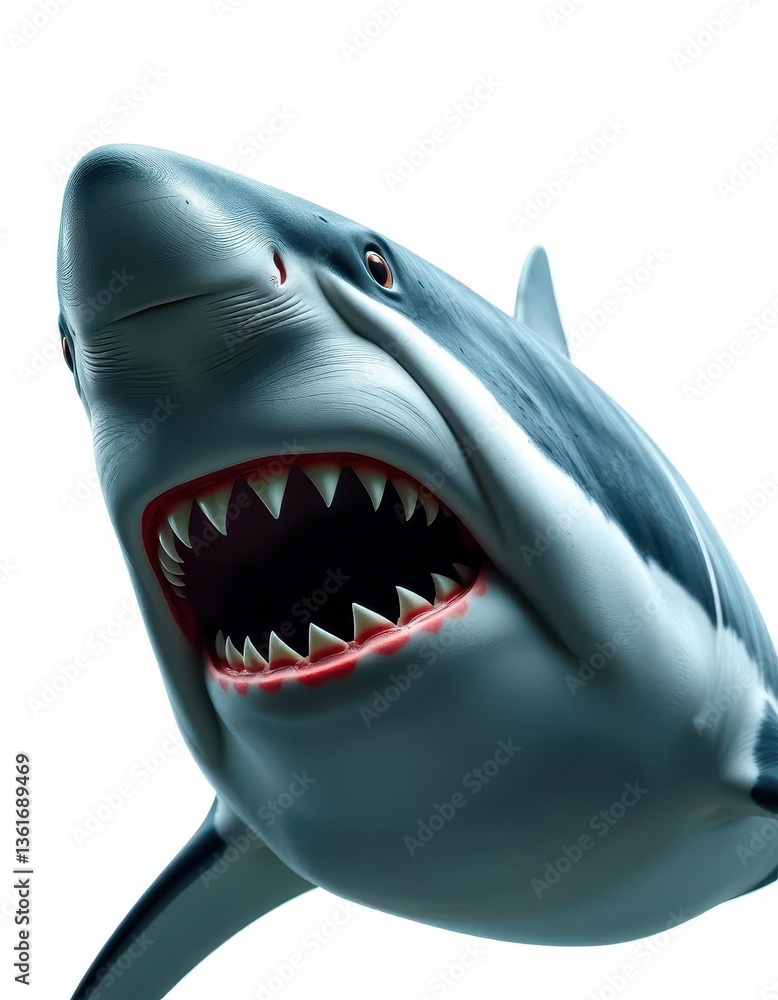 A powerful great white shark, isolated against a stark white background, showcasing its sharp teeth and menacing presence, nature, teeth A powerful great white shark, isolated against a stark white background, showcasing its sharp teeth and menacing presence, nature, teeth